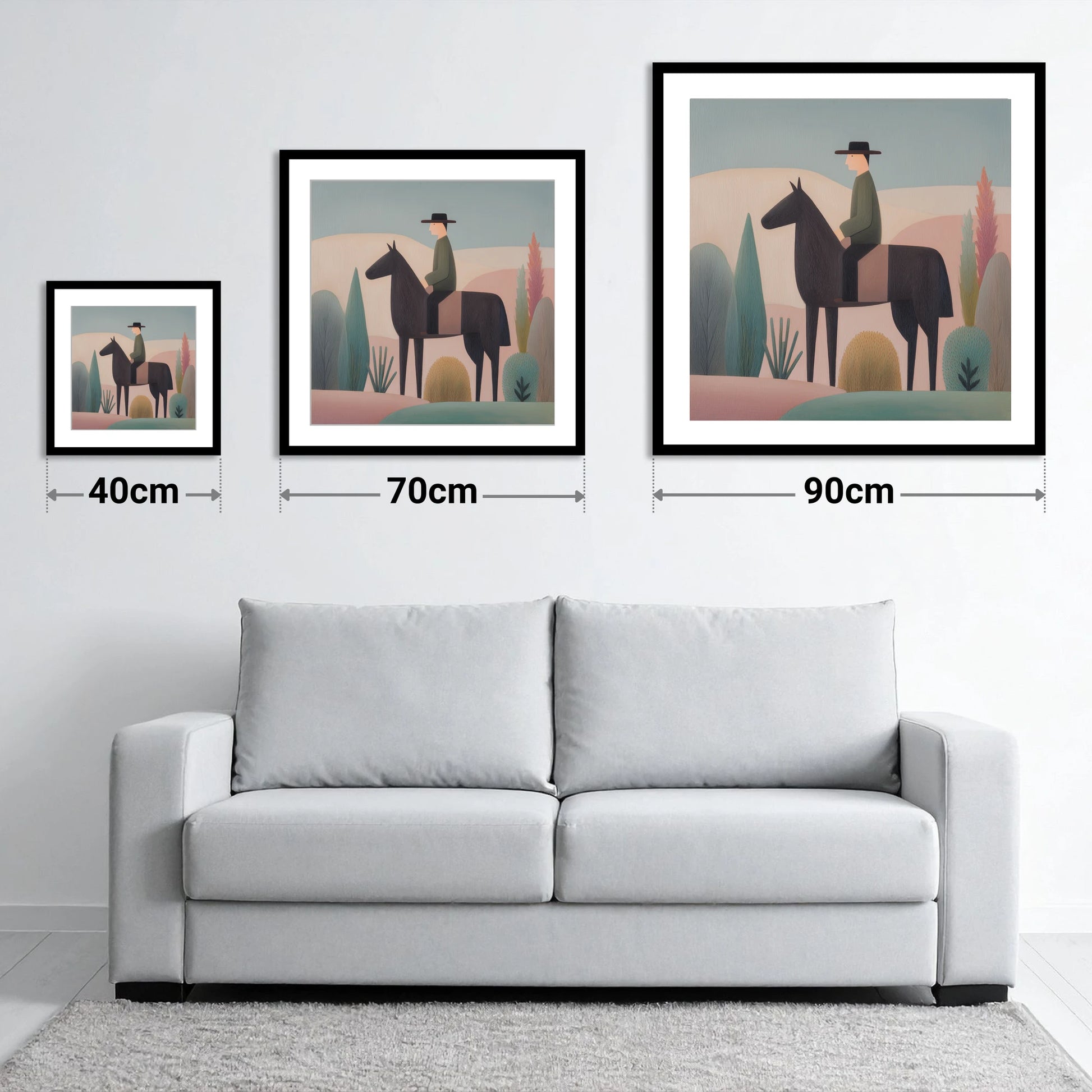 The Quiet Trail - size guide showing 40cm, 70cm and 90cm art prints