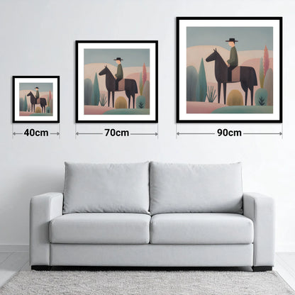 The Quiet Trail - size guide showing 40cm, 70cm and 90cm art prints