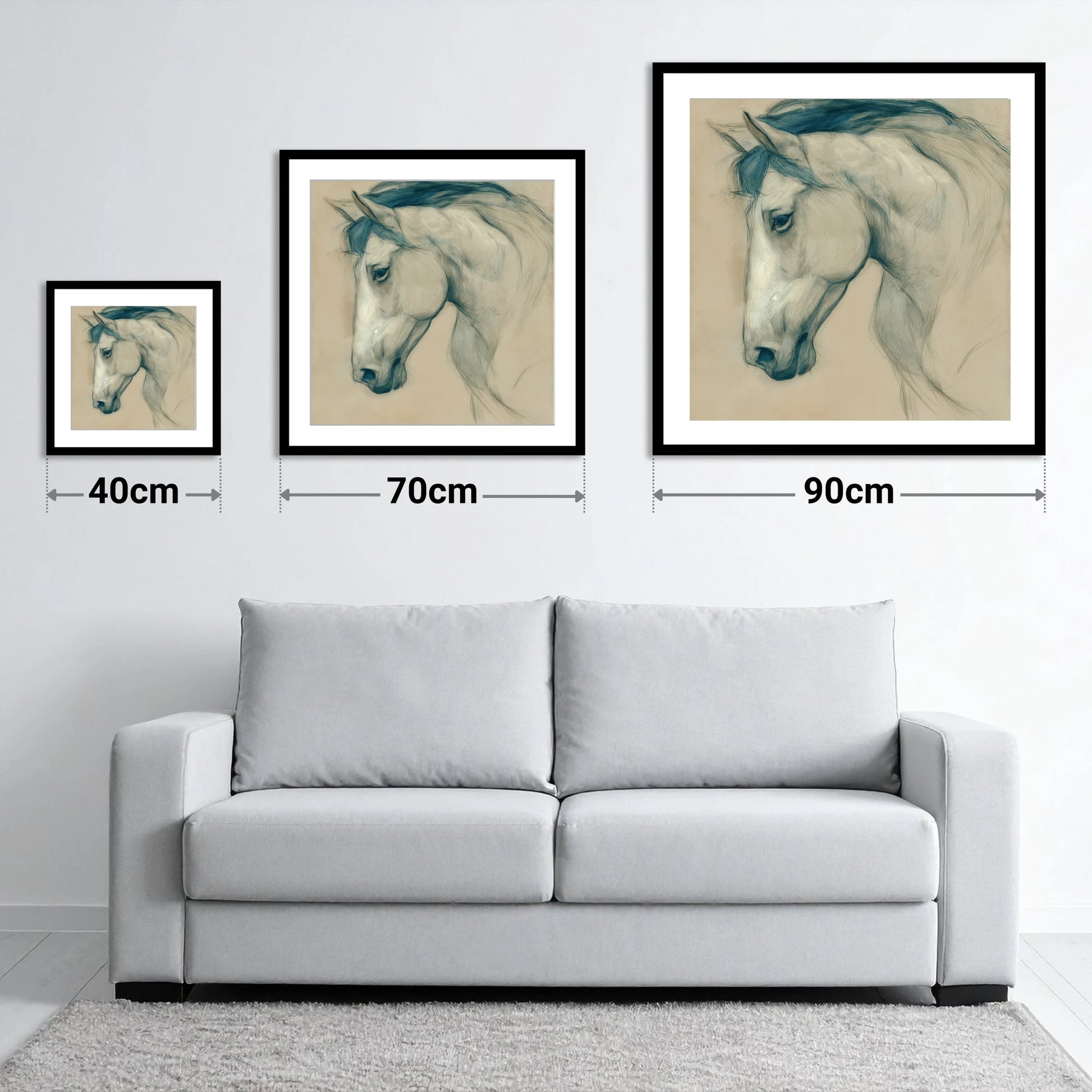 Quiet Grey Profile - size guide showing 40cm, 70cm and 90cm art prints