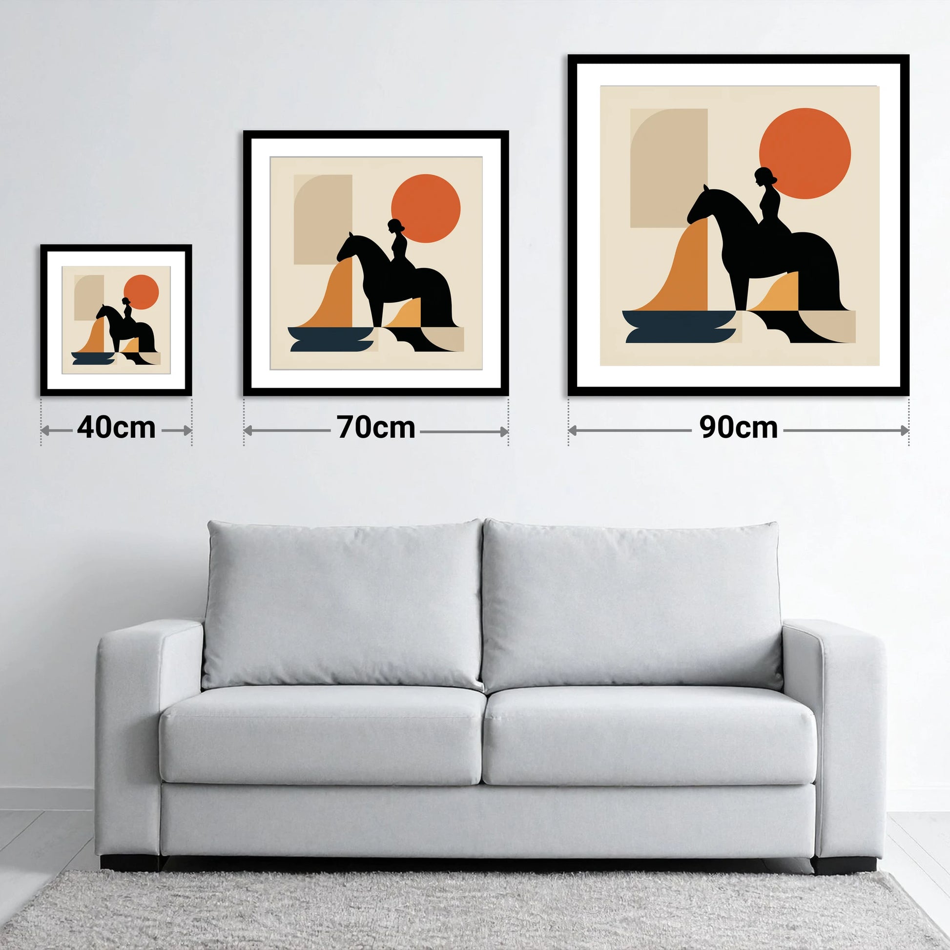 Abstract Equestrian Silhouette - size guide showing 40cm, 70cm and 90cm art prints