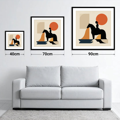 Abstract Equestrian Silhouette - size guide showing 40cm, 70cm and 90cm art prints