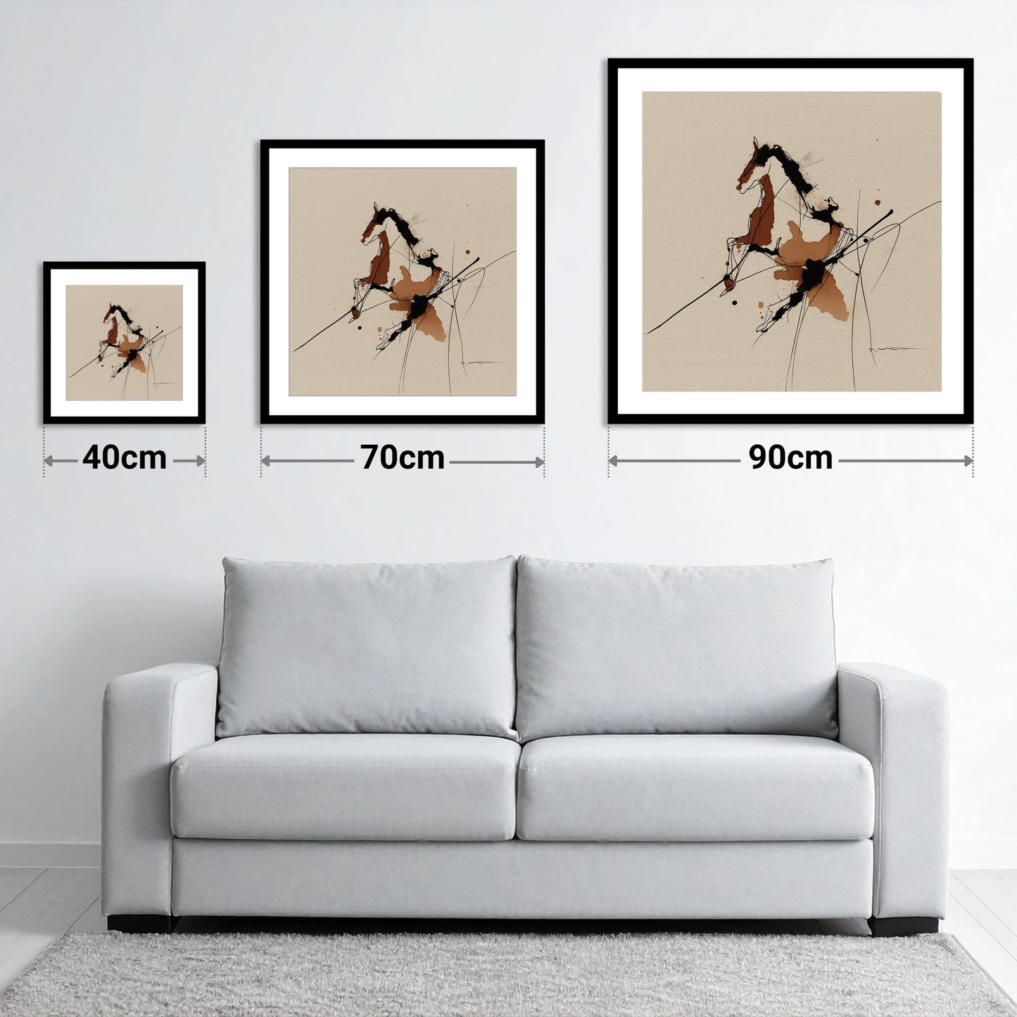 Abstract Rearing Stallion - size guide showing 40cm, 70cm and 90cm art prints