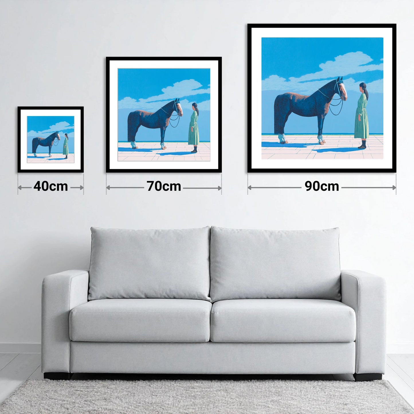 The Quiet Bond - size guide showing 40cm, 70cm and 90cm art prints