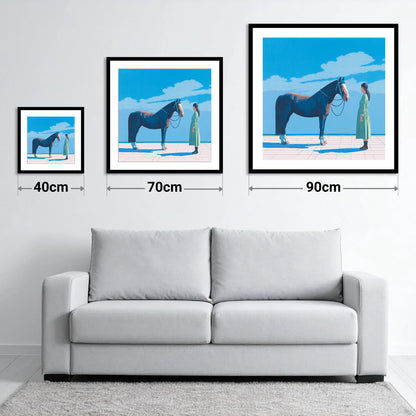 The Quiet Bond - size guide showing 40cm, 70cm and 90cm art prints