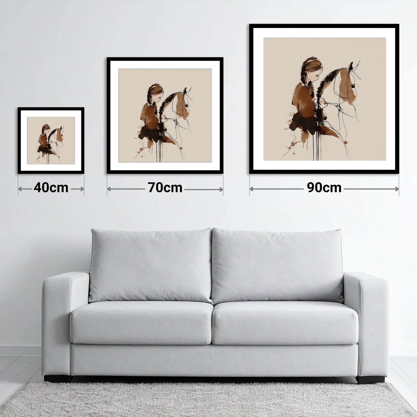 Quiet Bond - size guide showing 40cm, 70cm and 90cm art prints