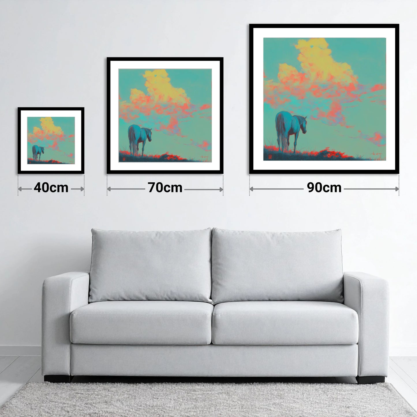 Cyan Horizon - size guide showing 40cm, 70cm and 90cm art prints