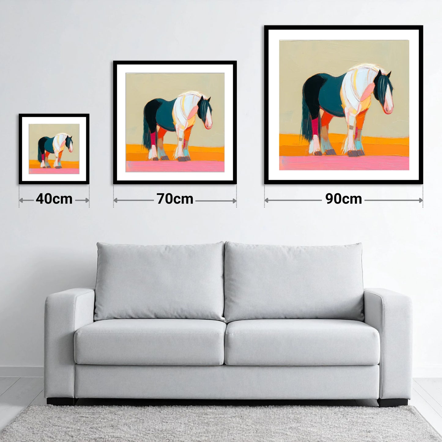 Vivid Spirit of the Cob - size guide showing 40cm, 70cm and 90cm art prints