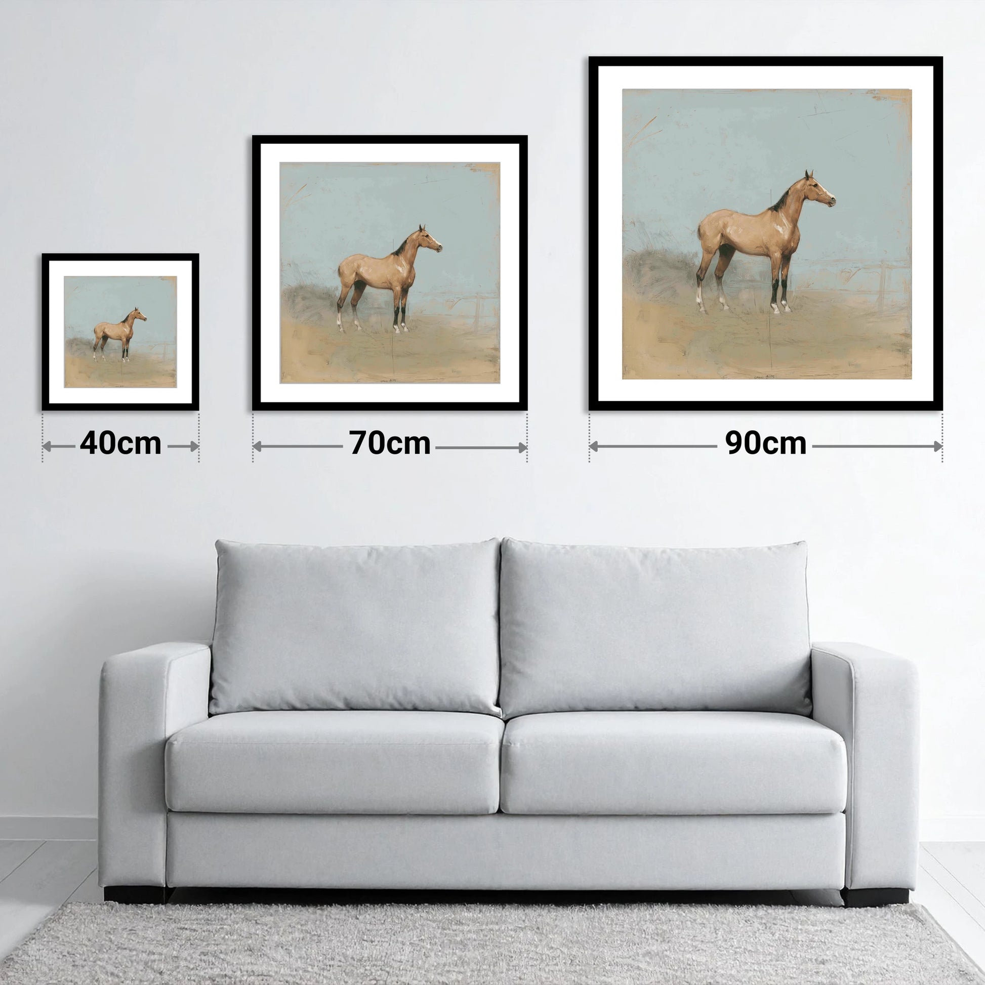 The Paddock Study - size guide showing 40cm, 70cm and 90cm art prints