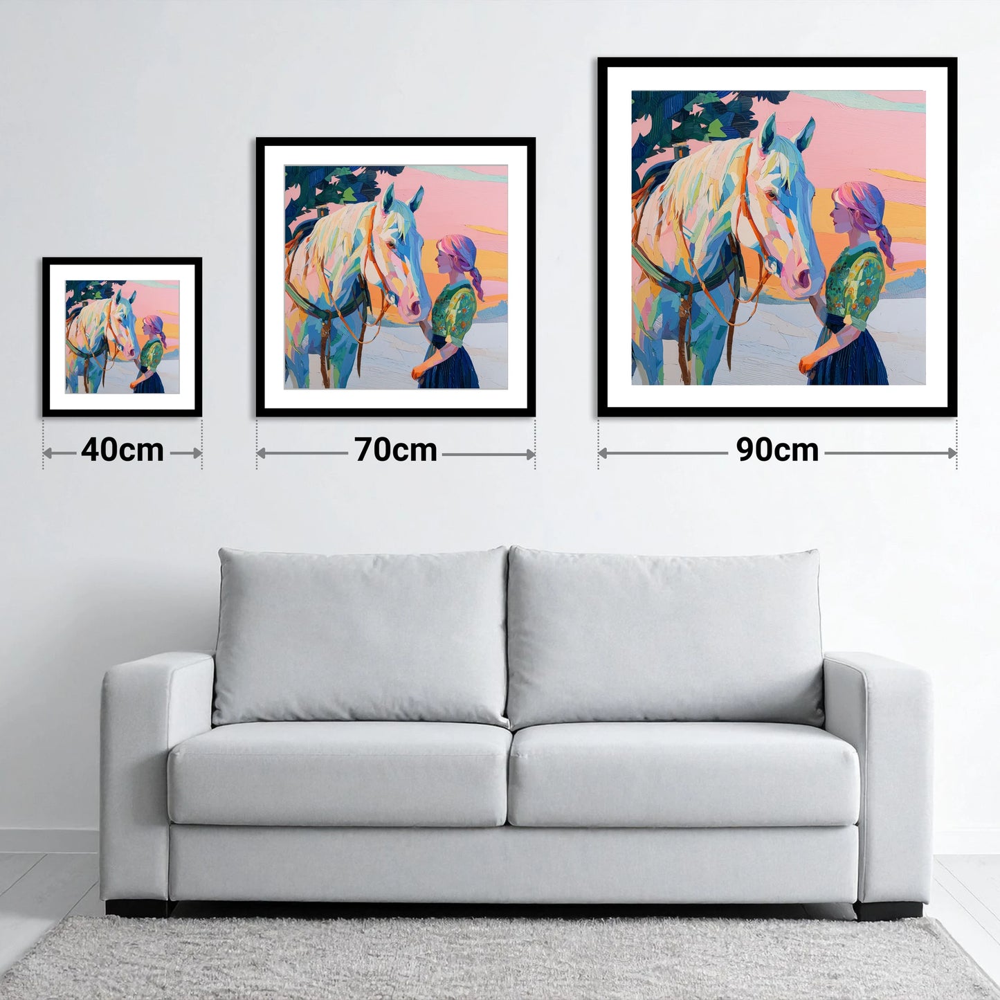 Vibrant Sunset Connection - size guide showing 40cm, 70cm and 90cm art prints