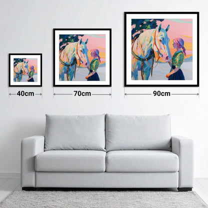 Vibrant Sunset Connection - size guide showing 40cm, 70cm and 90cm art prints