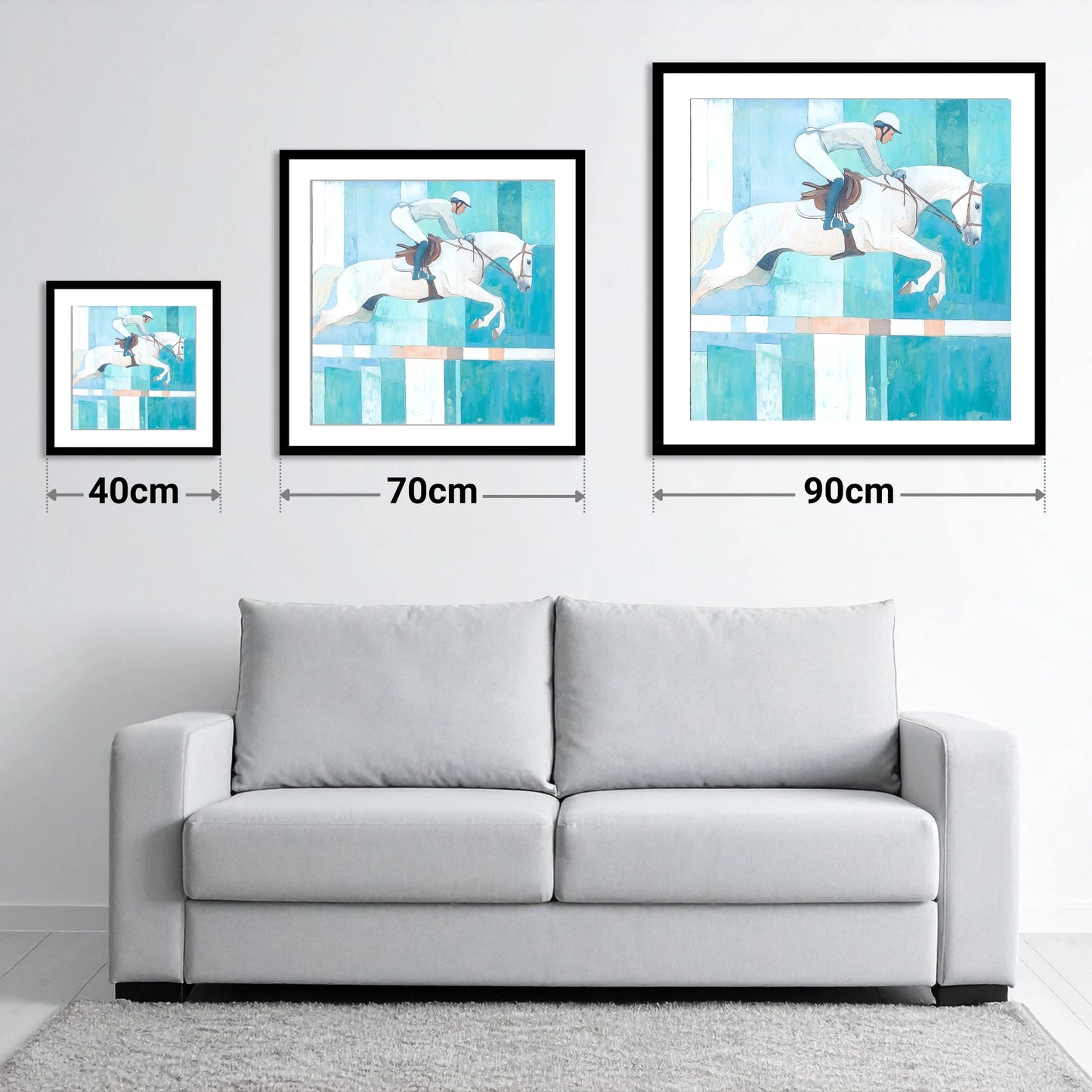 Aquamarine Ascent - size guide showing 40cm, 70cm and 90cm art prints