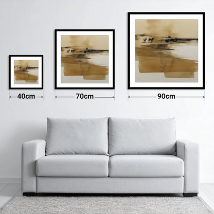 Sepia Shoreline Drift - size guide showing 40cm, 70cm and 90cm art prints