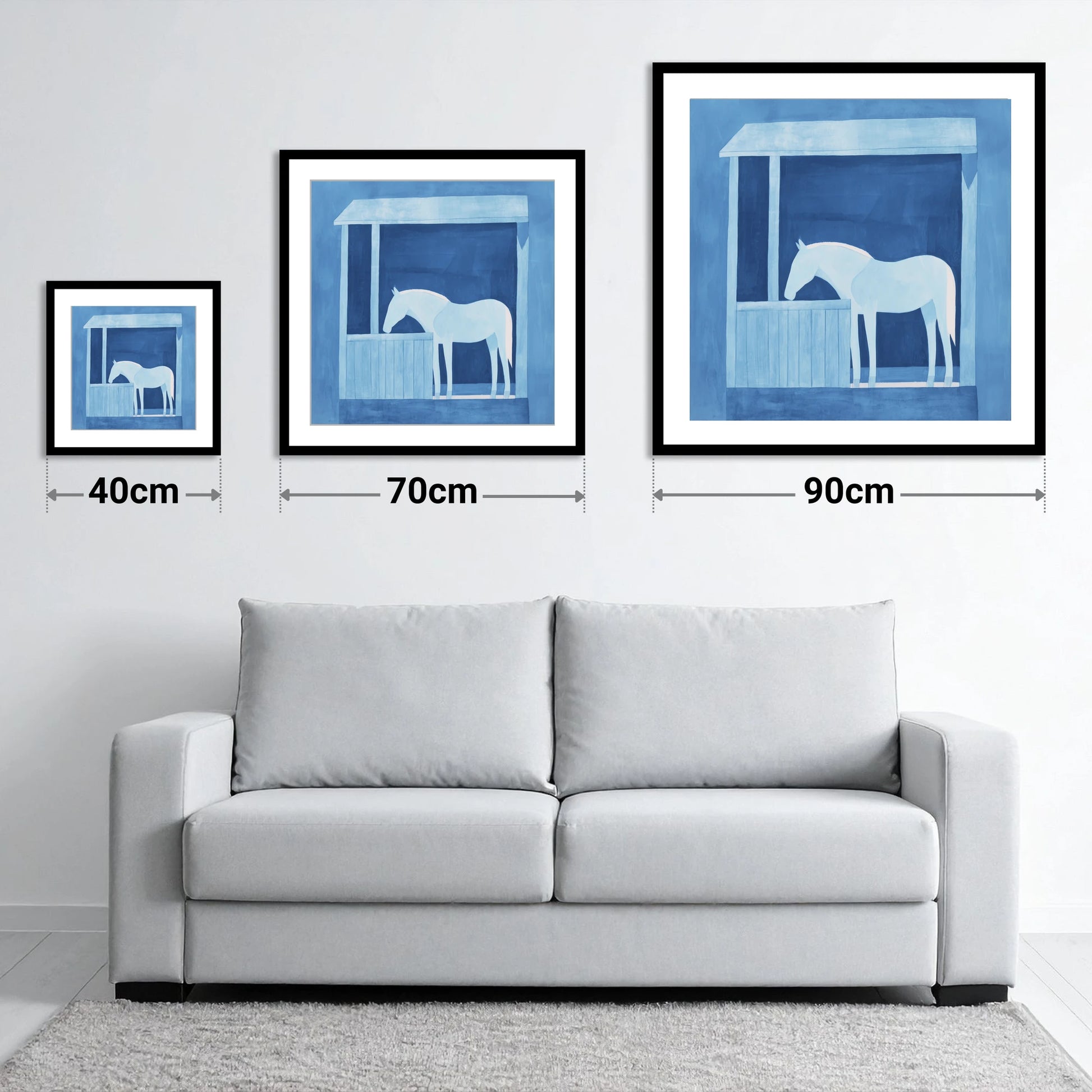 Indigo Solitude - size guide showing 40cm, 70cm and 90cm art prints