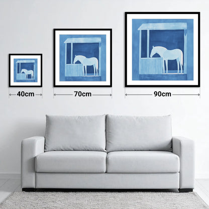 Indigo Solitude - size guide showing 40cm, 70cm and 90cm art prints