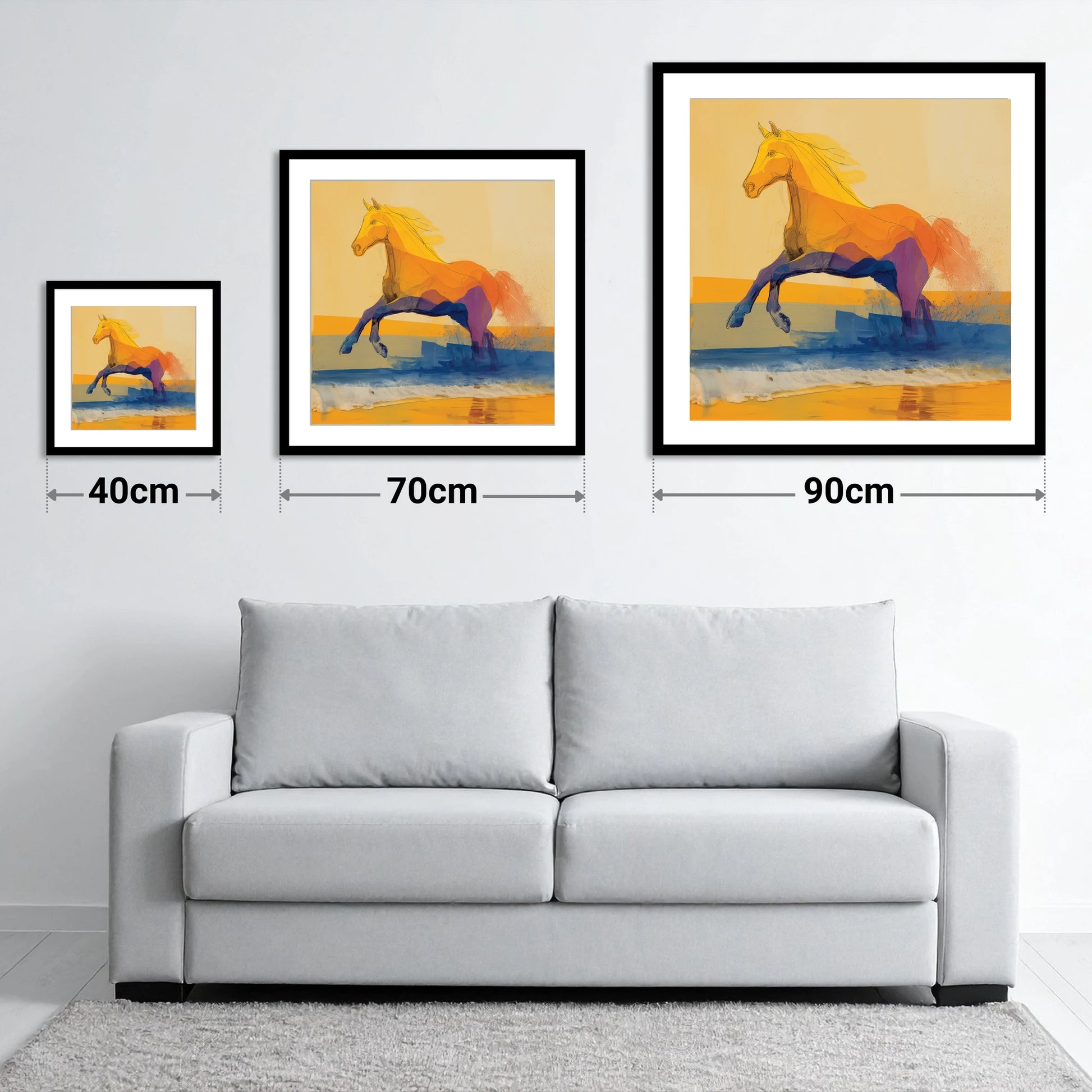 Vivid Coastal Bound - size guide showing 40cm, 70cm and 90cm art prints