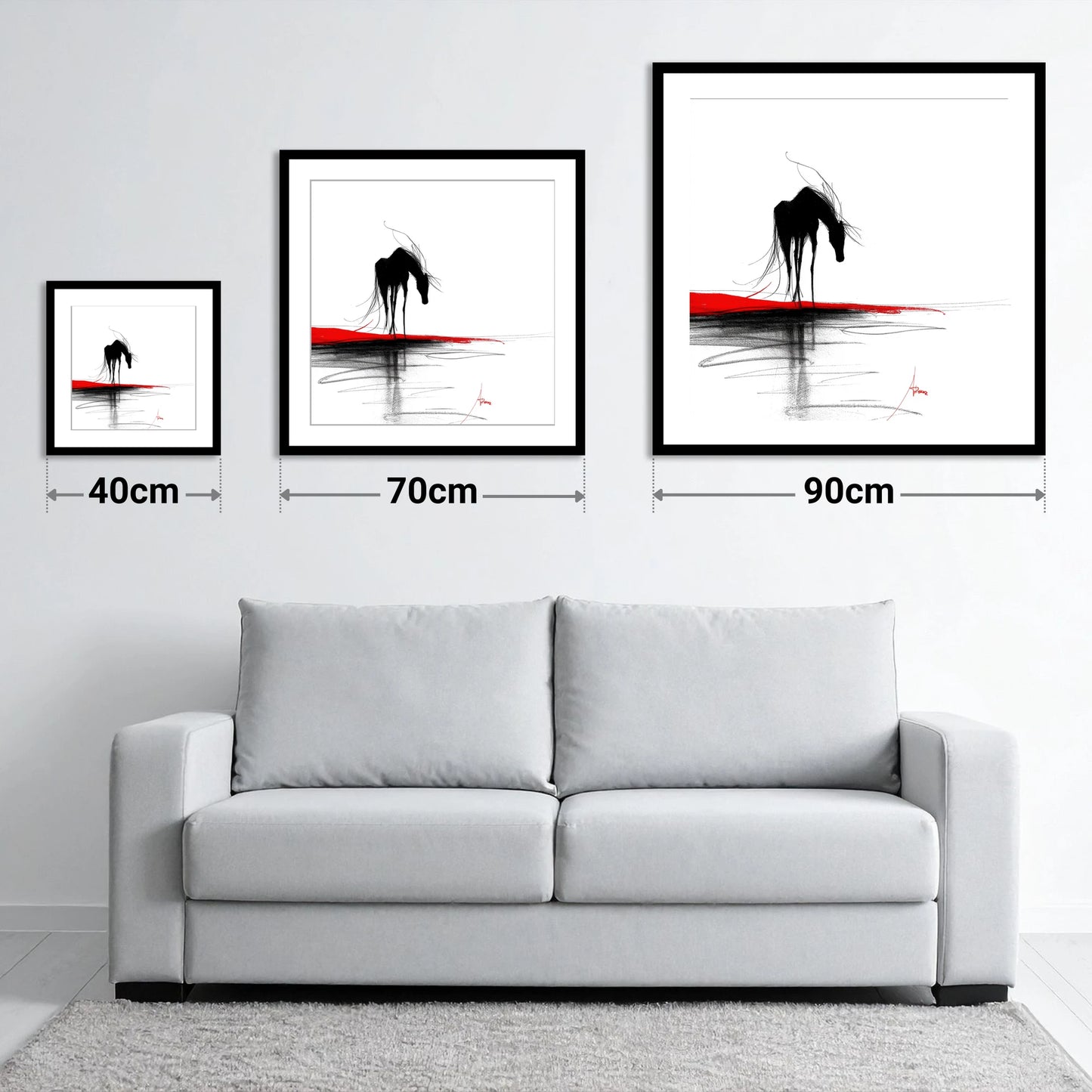 Crimson Horizon Silhouette - size guide showing 40cm, 70cm and 90cm art prints