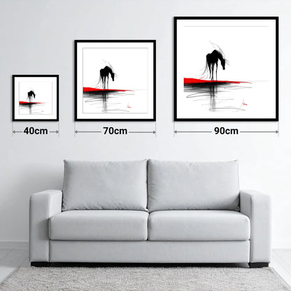 Crimson Horizon Silhouette - size guide showing 40cm, 70cm and 90cm art prints