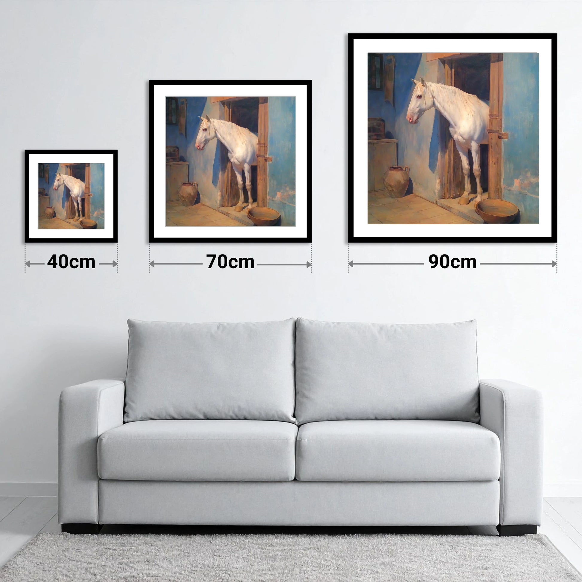The Blue Stable Door - size guide showing 40cm, 70cm and 90cm art prints