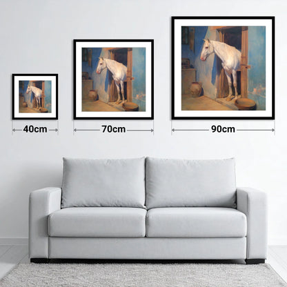 The Blue Stable Door - size guide showing 40cm, 70cm and 90cm art prints