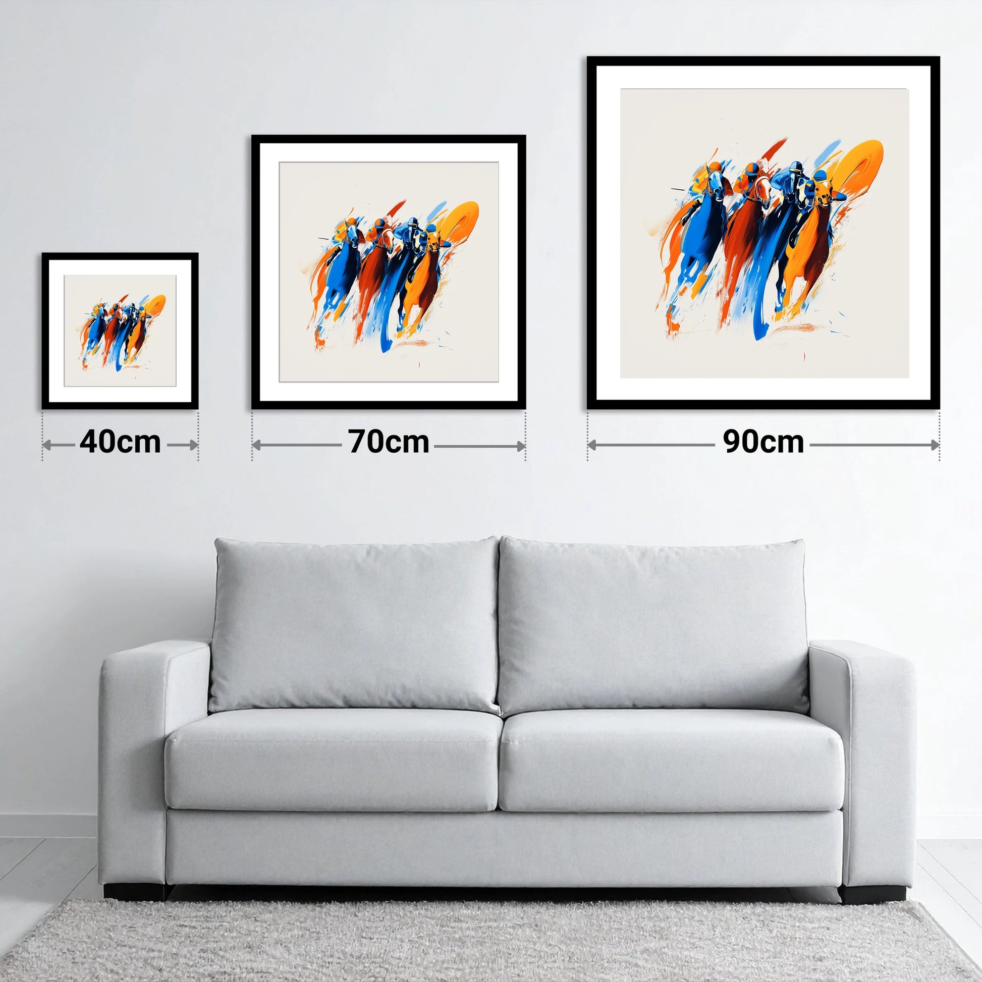 The Final Furlong - size guide showing 40cm, 70cm and 90cm art prints
