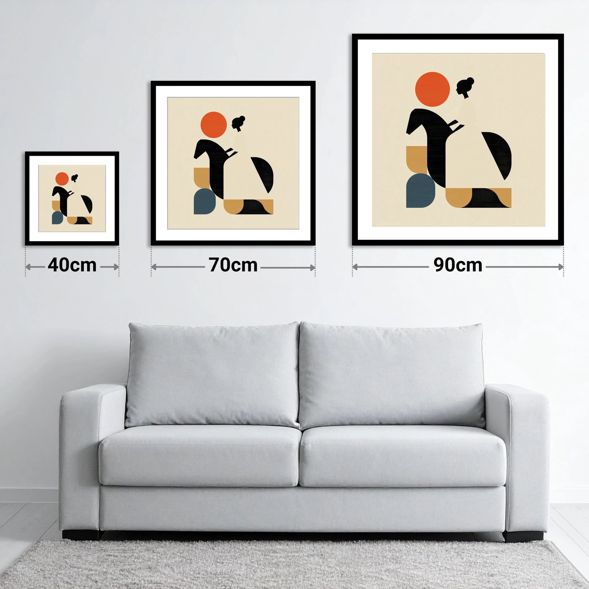 Structured Equestrian Harmony - size guide showing 40cm, 70cm and 90cm art prints
