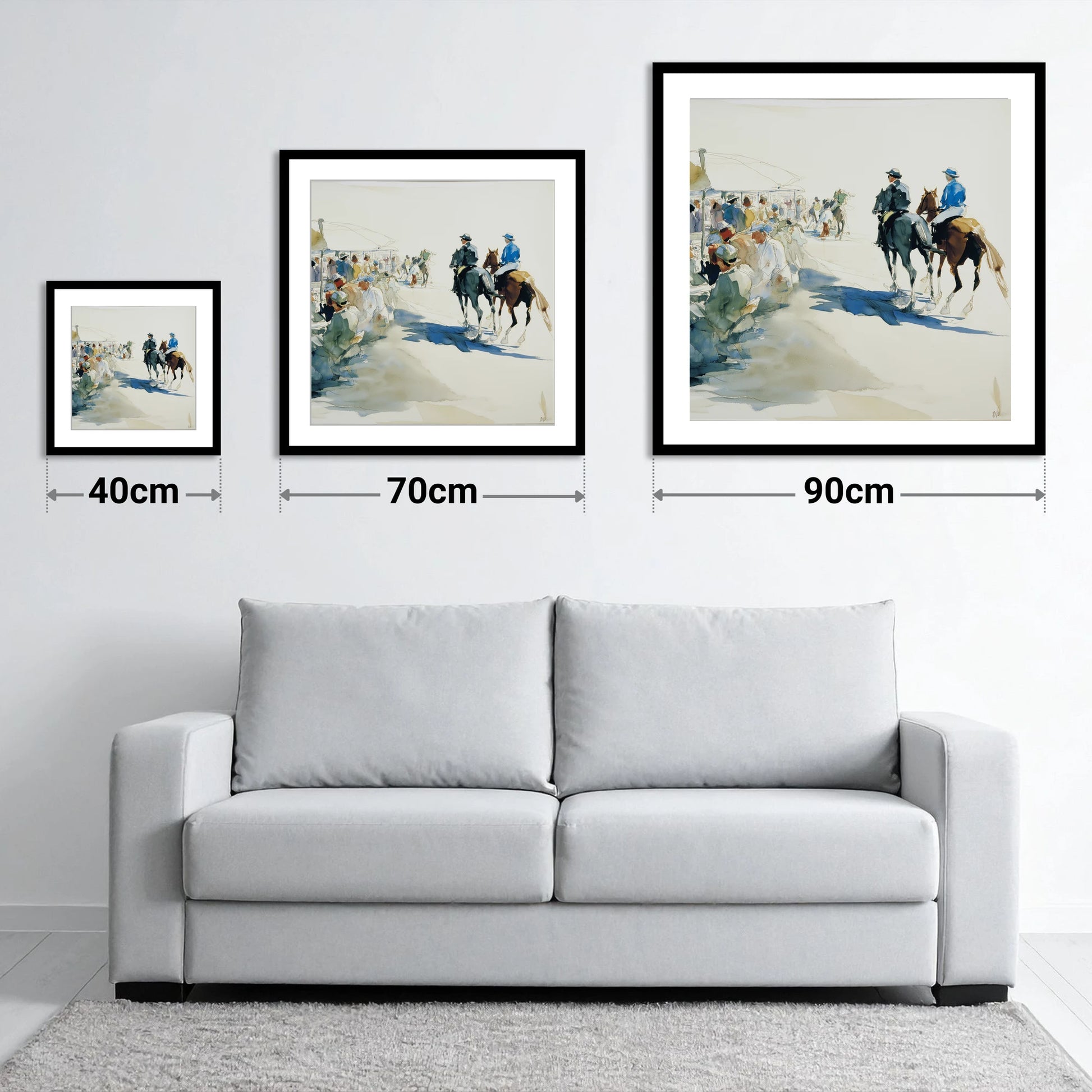 Leaving the Paddock - size guide showing 40cm, 70cm and 90cm art prints