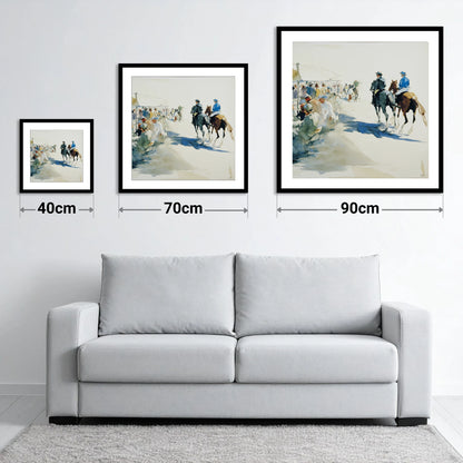 Leaving the Paddock - size guide showing 40cm, 70cm and 90cm art prints