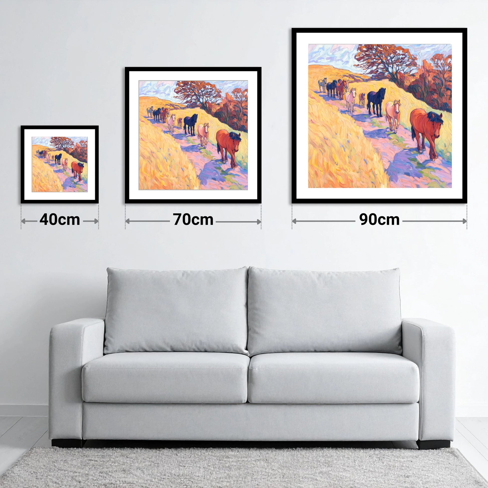 Homeward Bound Herd - size guide showing 40cm, 70cm and 90cm art prints