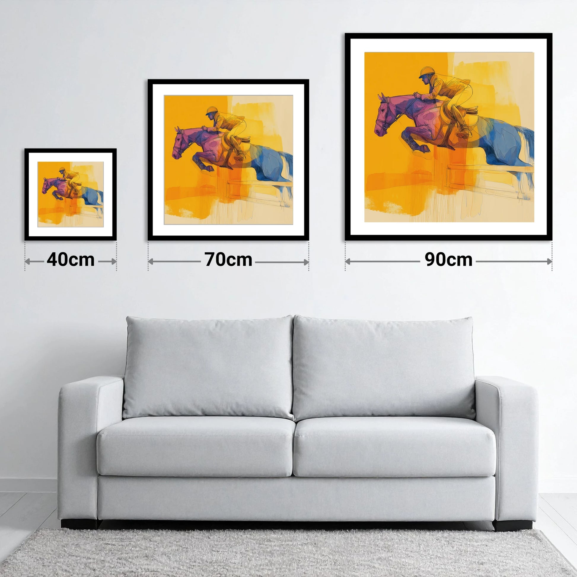 The Colour of Flight - size guide showing 40cm, 70cm and 90cm art prints