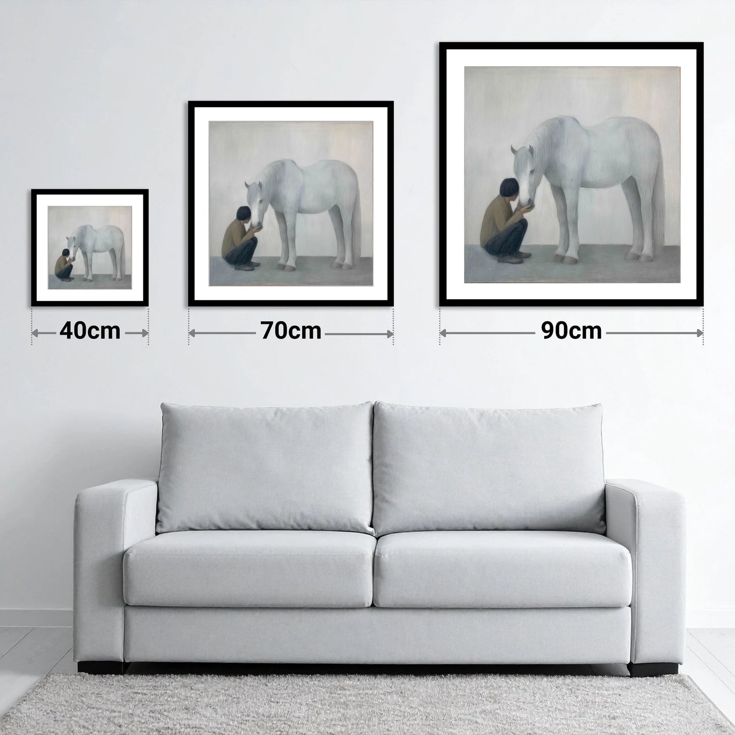 The Quiet Connection - size guide showing 40cm, 70cm and 90cm art prints