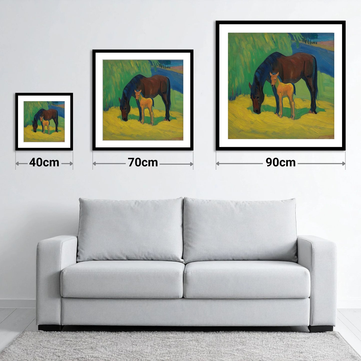 Vivid Grazing Companions - size guide showing 40cm, 70cm and 90cm art prints