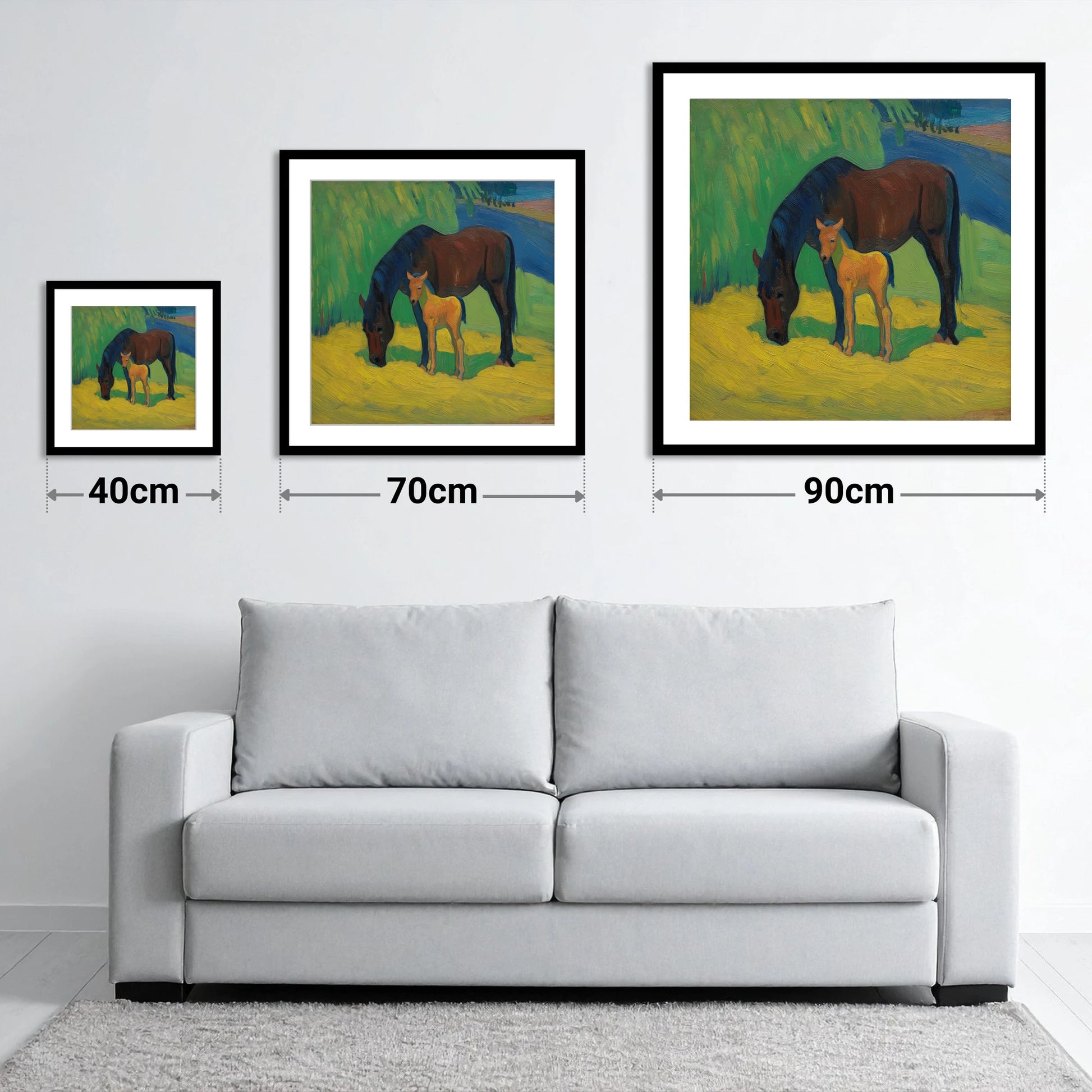 Vivid Grazing Companions - size guide showing 40cm, 70cm and 90cm art prints