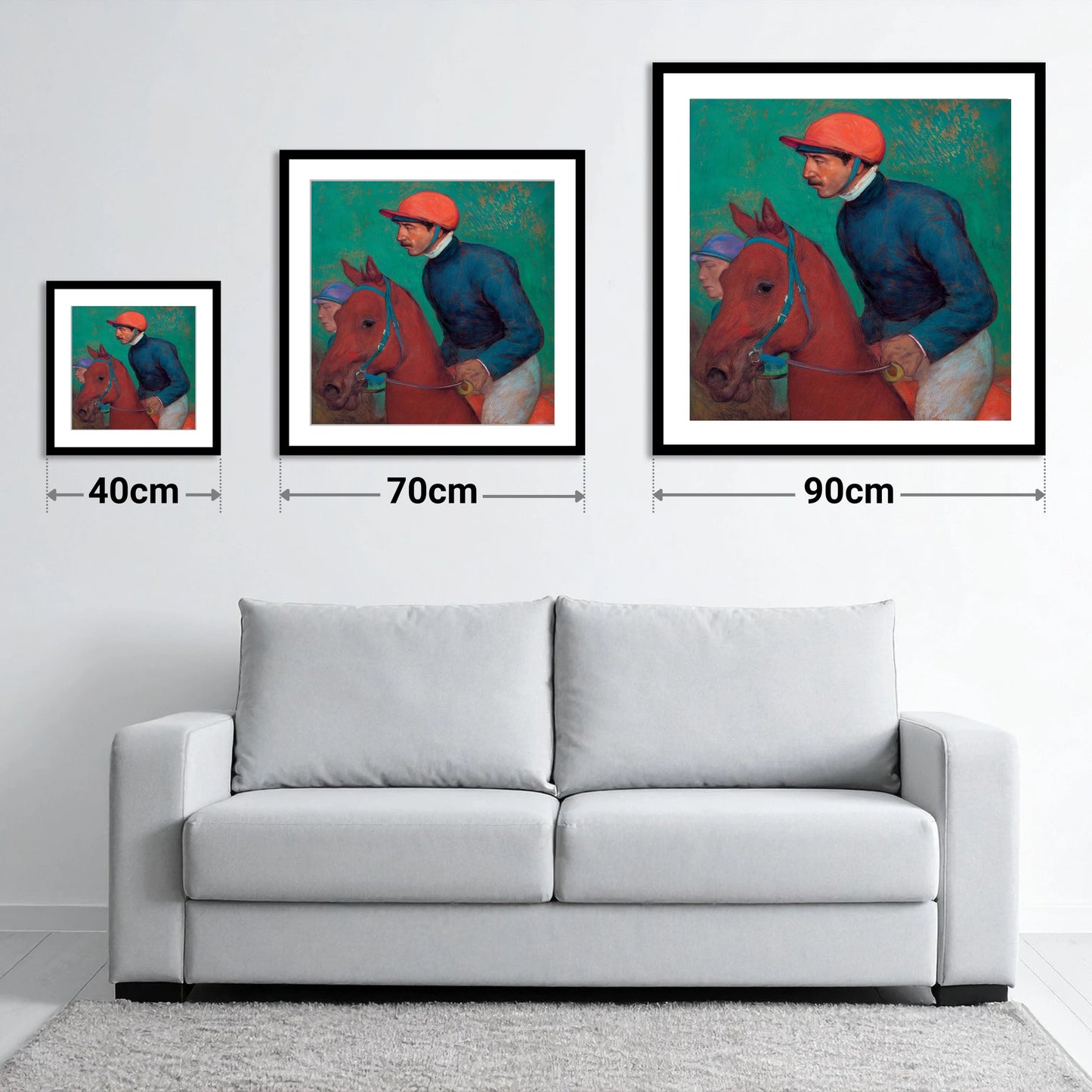 Turf Anticipation - size guide showing 40cm, 70cm and 90cm art prints