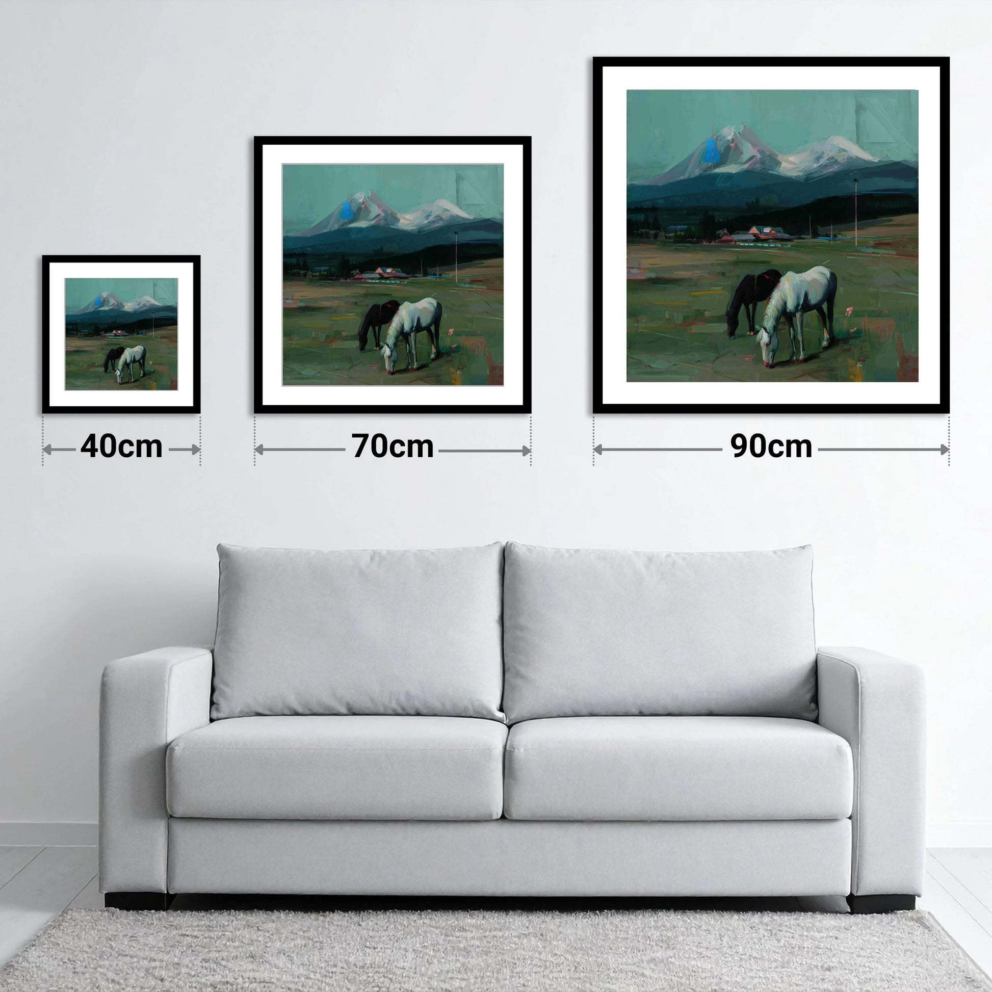 Companions Beneath the Peak - size guide showing 40cm, 70cm and 90cm art prints