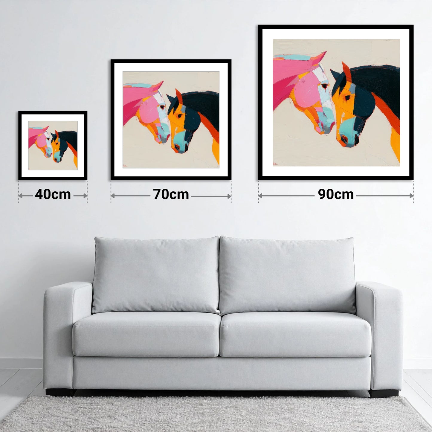 Vibrant Equine Bond - size guide showing 40cm, 70cm and 90cm art prints