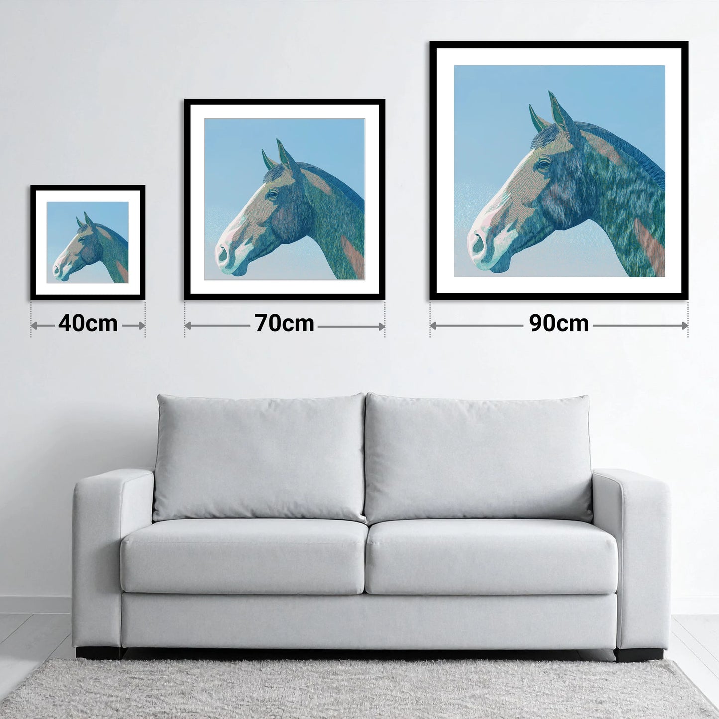 The Azure Profile - size guide showing 40cm, 70cm and 90cm art prints
