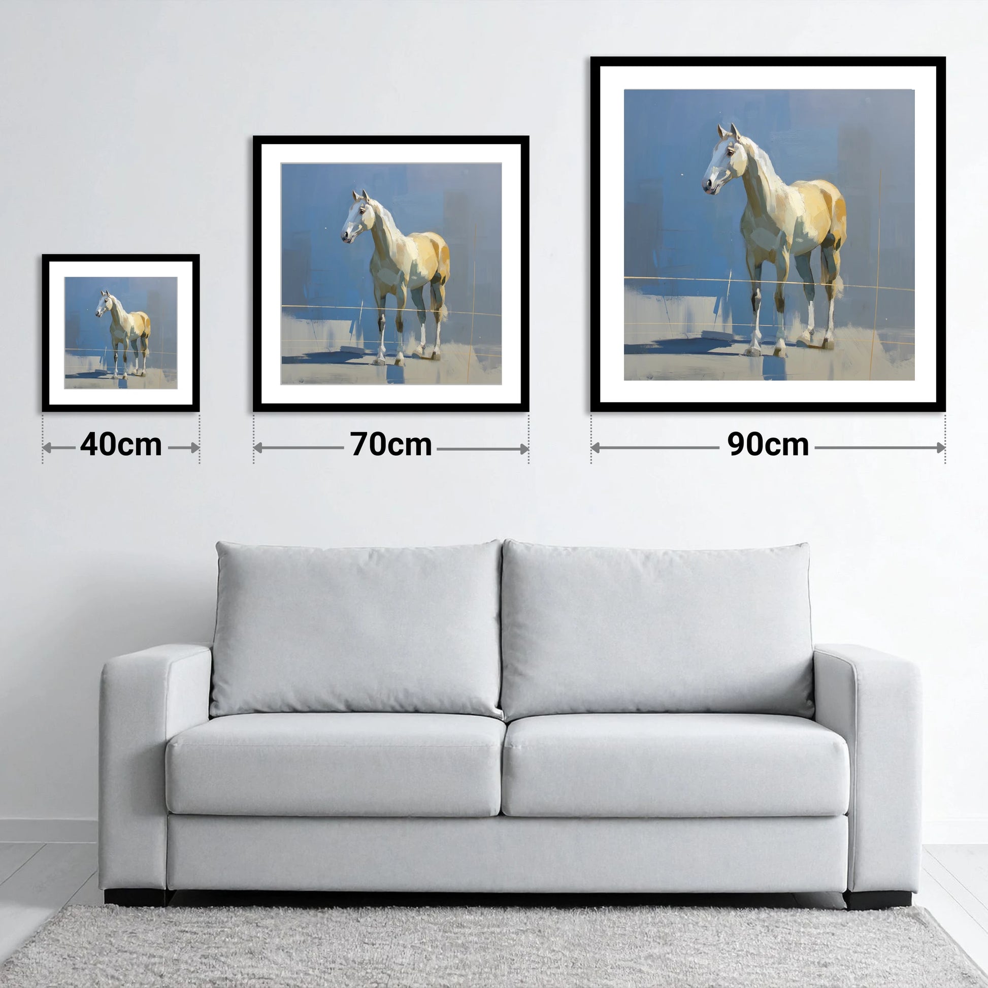 Sunlit Grey on Slate - size guide showing 40cm, 70cm and 90cm art prints