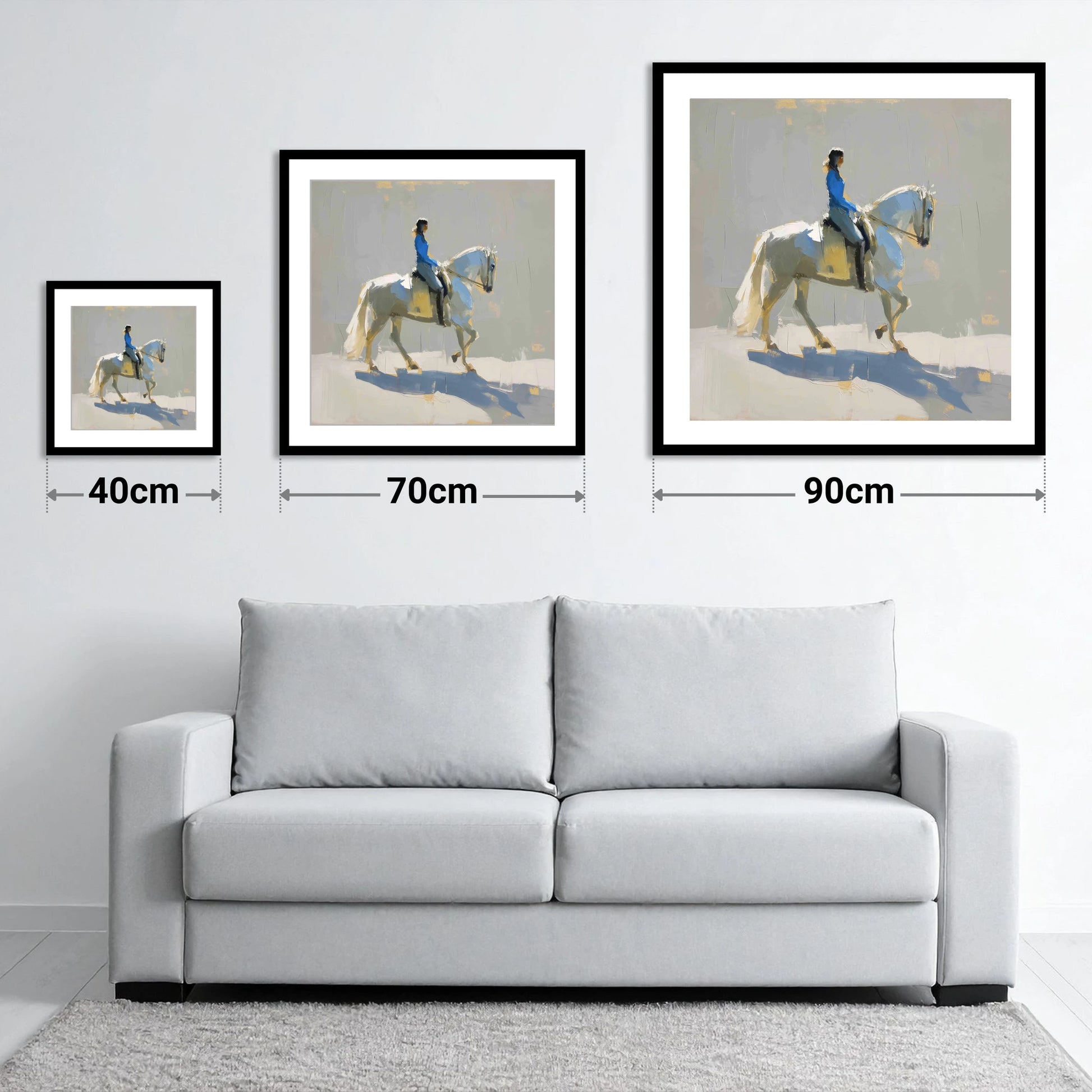 Collected in Blue - size guide showing 40cm, 70cm and 90cm art prints