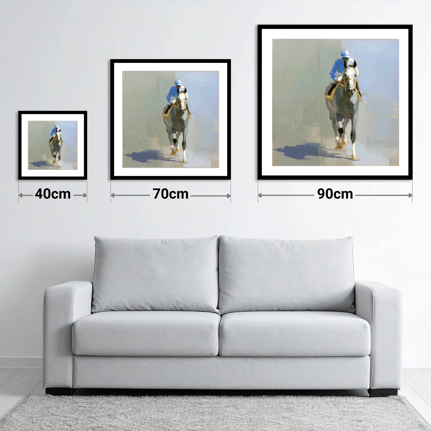 The Grey Challenger - size guide showing 40cm, 70cm and 90cm art prints