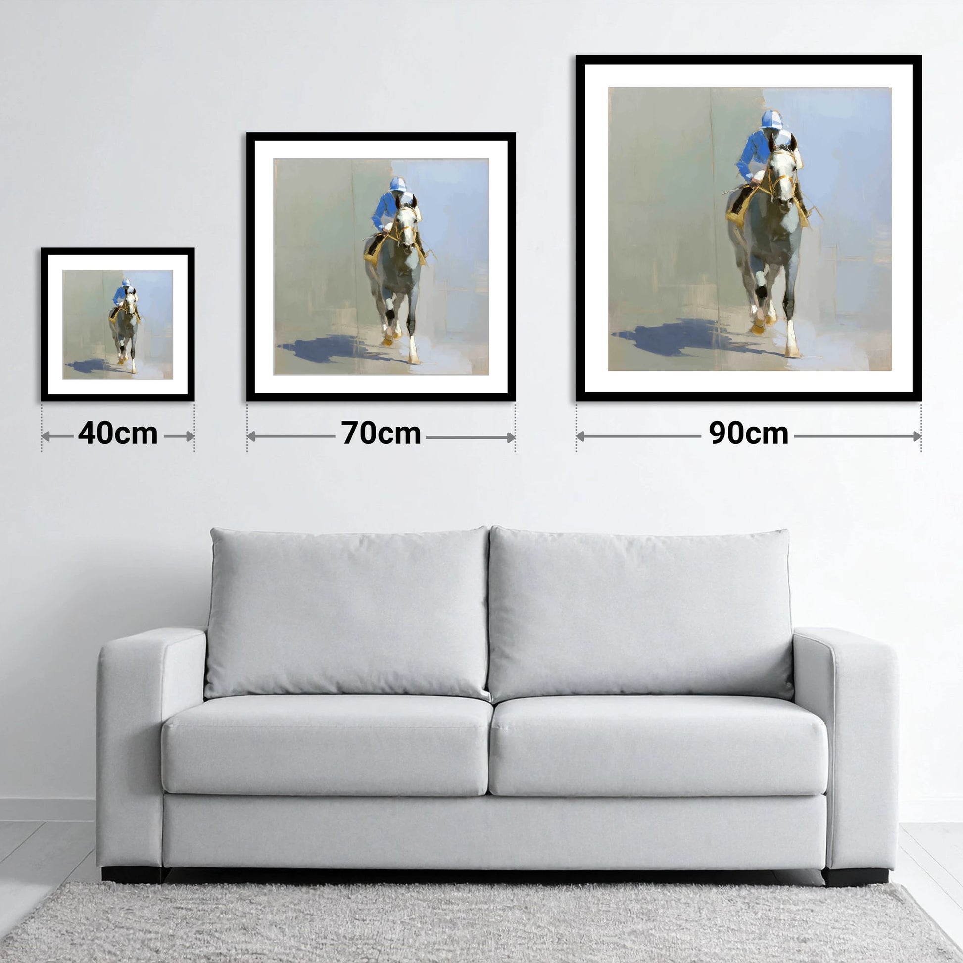 The Grey Challenger - size guide showing 40cm, 70cm and 90cm art prints