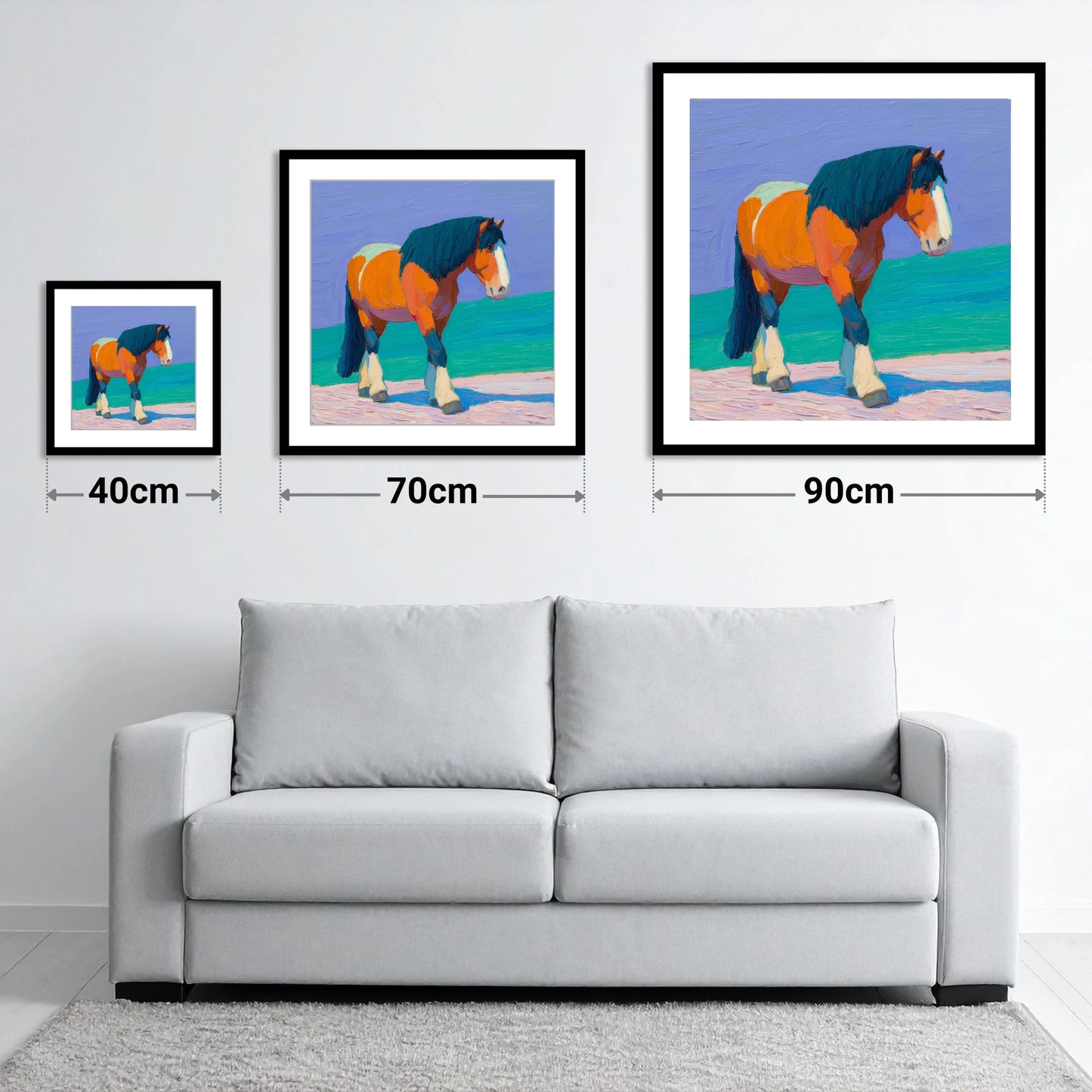 Vibrant Heavy Horse - size guide showing 40cm, 70cm and 90cm art prints