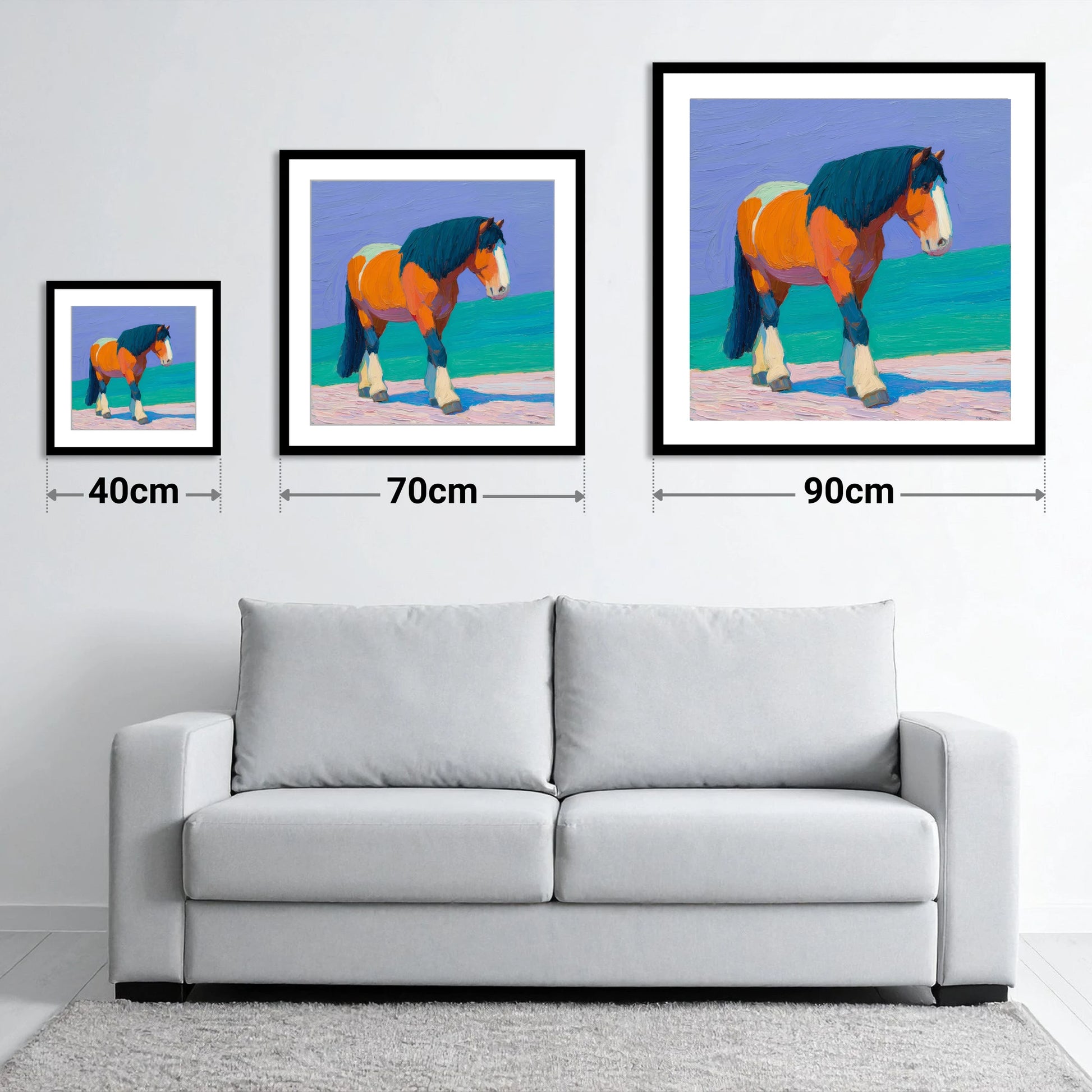 Vibrant Heavy Horse - size guide showing 40cm, 70cm and 90cm art prints