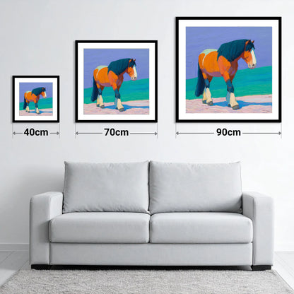 Vibrant Heavy Horse - size guide showing 40cm, 70cm and 90cm art prints
