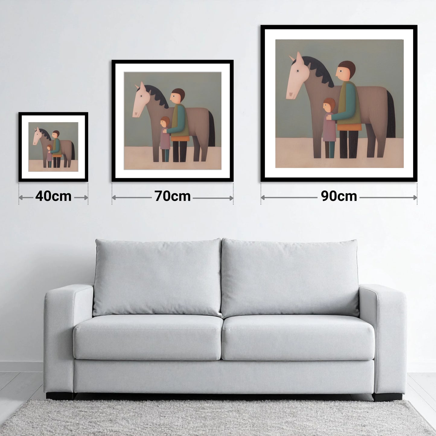 Standing Together - size guide showing 40cm, 70cm and 90cm art prints