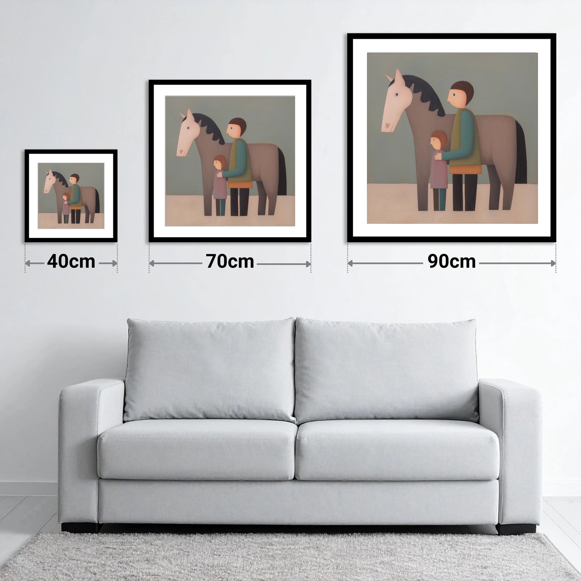 Standing Together - size guide showing 40cm, 70cm and 90cm art prints