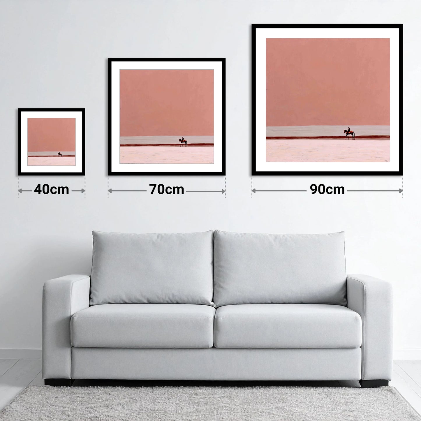 Solitary Rose Horizon - size guide showing 40cm, 70cm and 90cm art prints