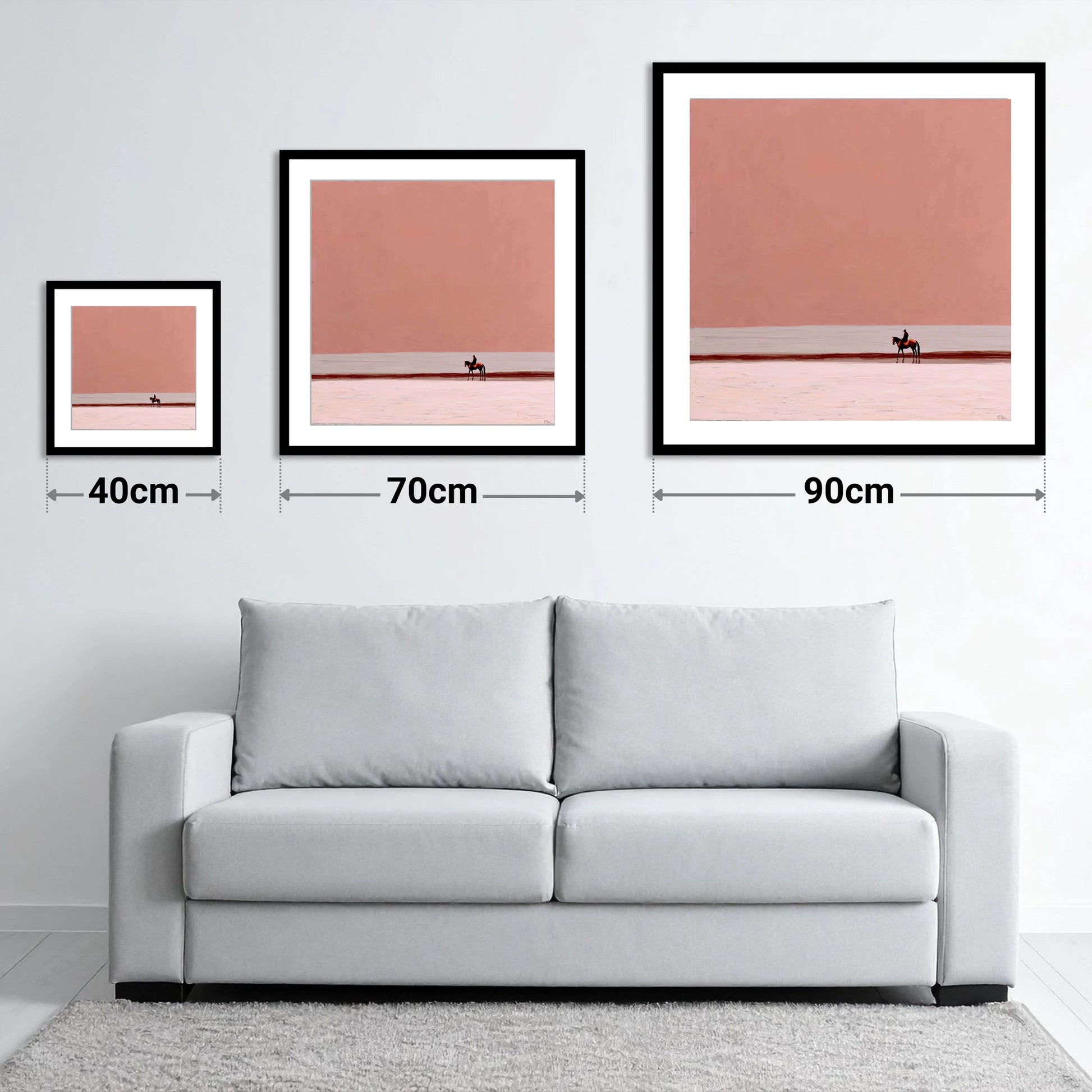 Solitary Rose Horizon - size guide showing 40cm, 70cm and 90cm art prints