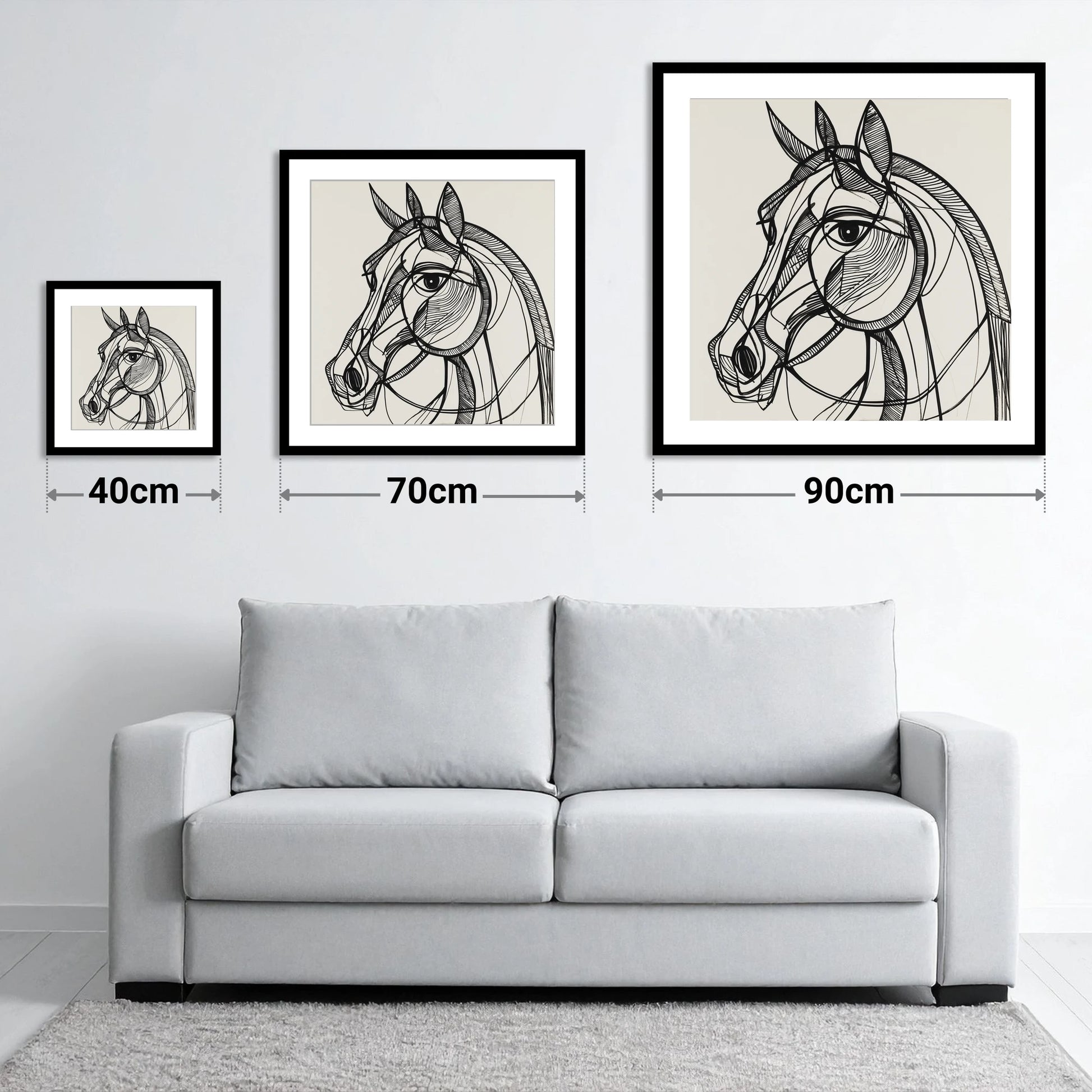 Bold Linear Equine - size guide showing 40cm, 70cm and 90cm art prints