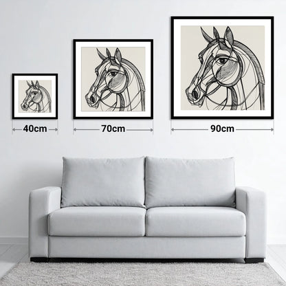 Bold Linear Equine - size guide showing 40cm, 70cm and 90cm art prints