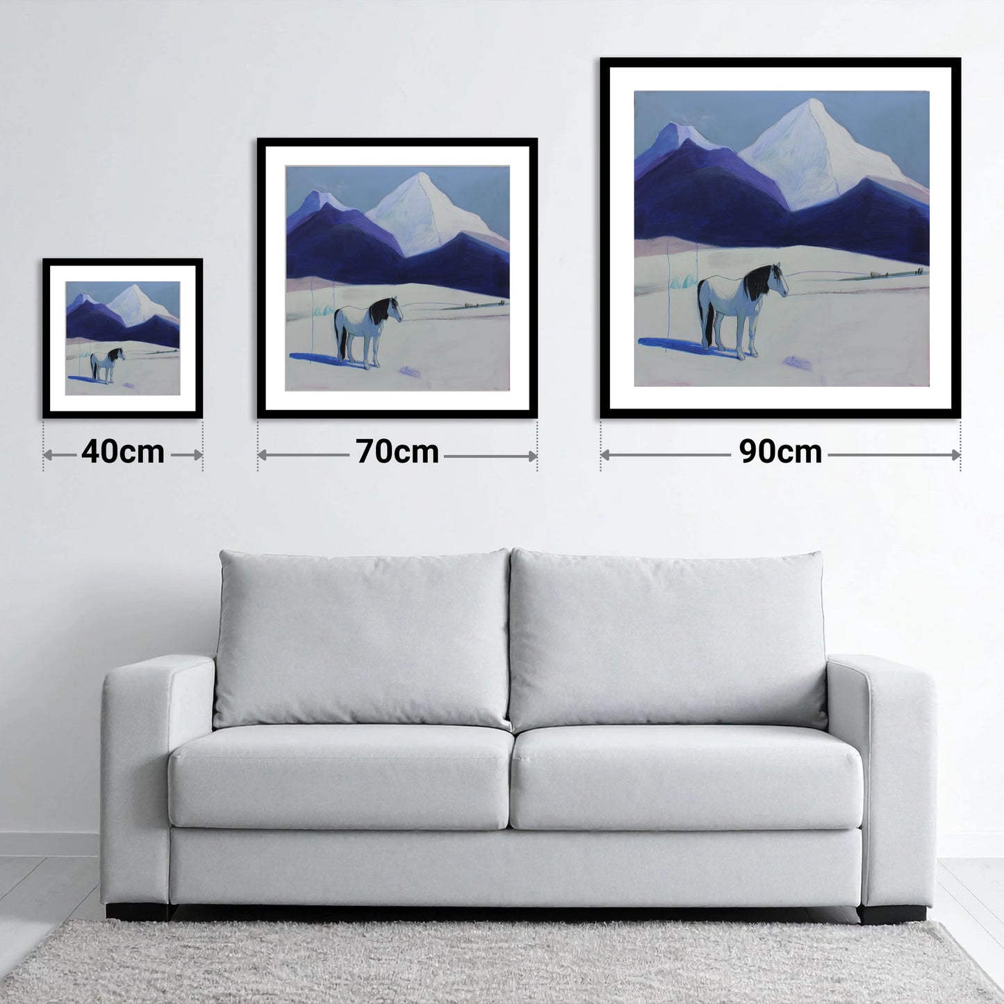Alpine Silence - size guide showing 40cm, 70cm and 90cm art prints